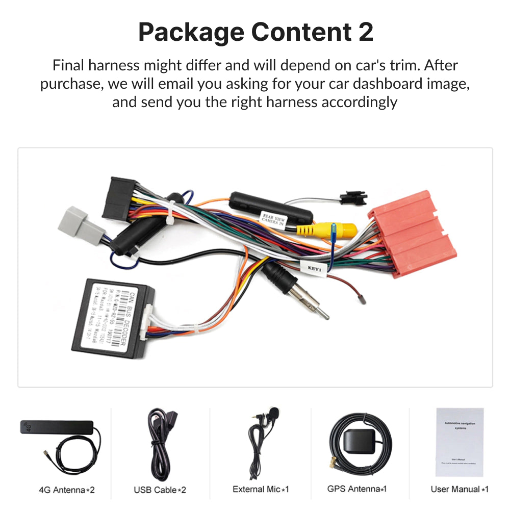 Complete wiring harness and accessories for Mazda Series 3 2009-2013 9” Wireless CarPlay Android Head Unit with antennas, cables, and manual.