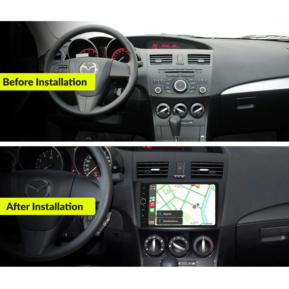 Before and after installation comparison of Mazda Series 3 2009-2013 dashboard with 9” Wireless CarPlay Android Head Unit upgrade for modern navigation.