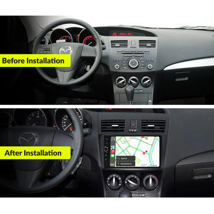Before and after installation comparison of Mazda Series 3 2009-2013 dashboard with 9” Wireless CarPlay Android Head Unit upgrade for modern navigation.