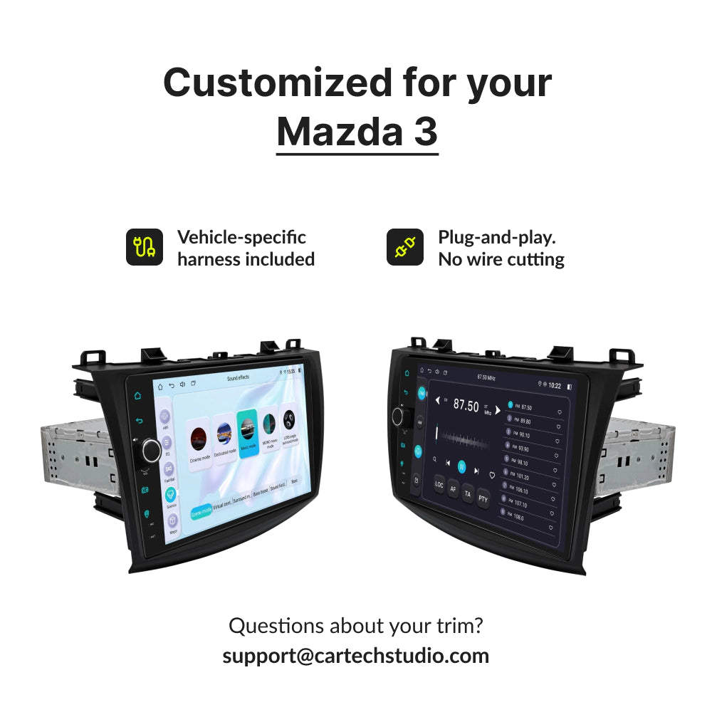 Customized 9” Wireless CarPlay Android Head Unit for Mazda Series 3 2009-2013 with plug-and-play harness and no wire cutting required.