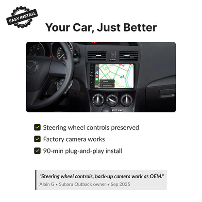 Mazda Series 3 2009-2013 9” Android Head Unit retains steering wheel controls, factory camera, and installs in 90 minutes.