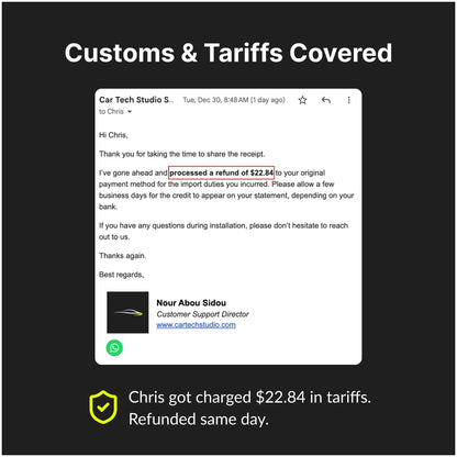 Customs and tariffs refund policy for Mazda Series 3 2009-2013 9” Android Head Unit ensures no extra import costs for customers.