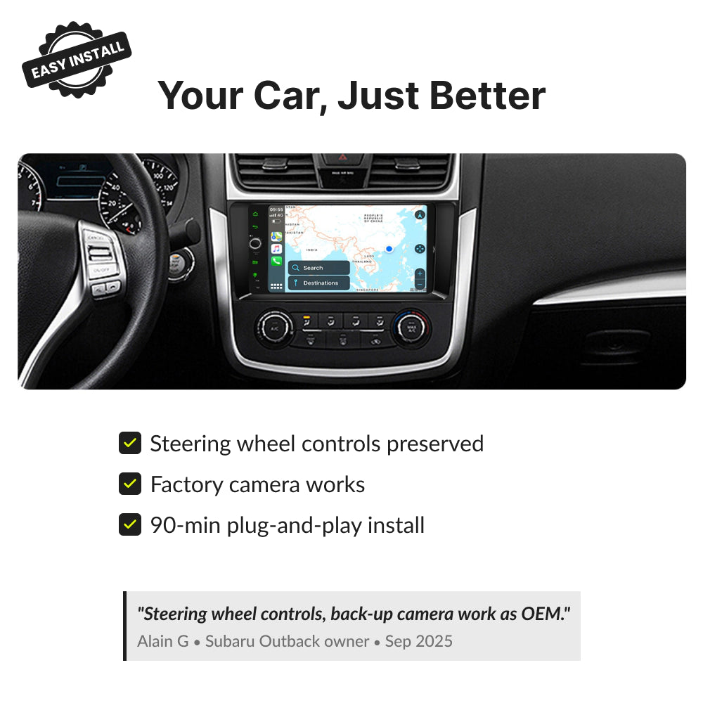 Installed 9” Wireless CarPlay Android Head Unit in Nissan Altima 2013-2017 with preserved steering wheel controls and factory camera support.