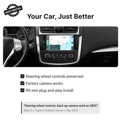 Installed 9” Wireless CarPlay Android Head Unit in Nissan Altima 2013-2017 with preserved steering wheel controls and factory camera support.