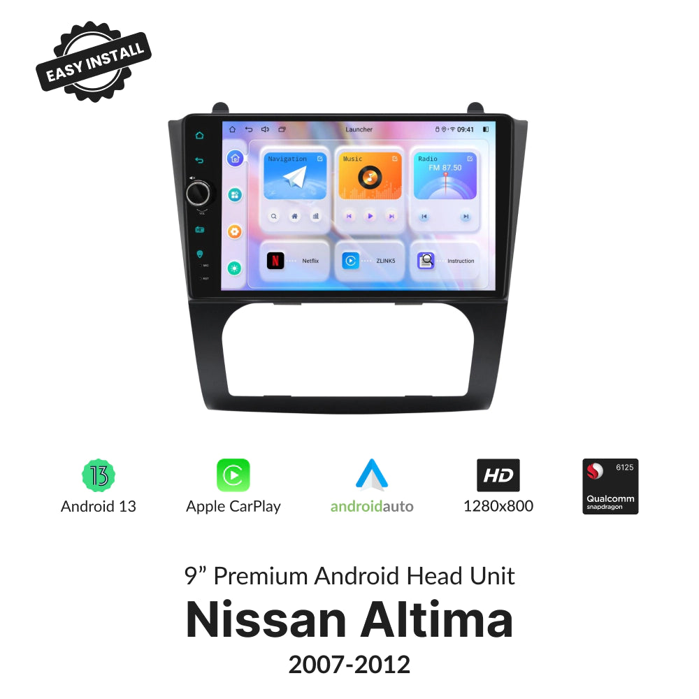 Nissan Altima 2007-2012 9” Wireless CarPlay Android Head Unit with HD display, Android 13, and Qualcomm processor for seamless in-car entertainment.