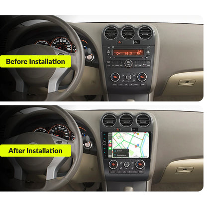 Before and after installation comparison of 9” Wireless CarPlay Android Head Unit in Nissan Altima 2007-2012, showcasing modern dashboard upgrade.