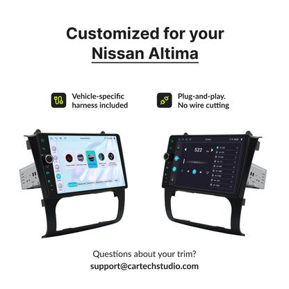 Customized 9” Wireless CarPlay Android Head Unit for Nissan Altima 2007-2012 with plug-and-play harness and no wire cutting required.