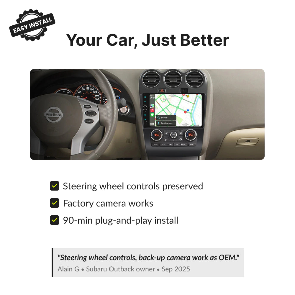 Nissan Altima 2007-2012 9” Android Head Unit preserves steering wheel controls and factory camera with easy 90-minute installation.