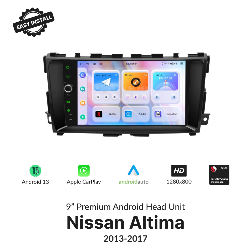 Nissan Altima 2013-2017 9” Wireless CarPlay Android Head Unit with HD touchscreen, Android 13, and Qualcomm processor for seamless performance.
