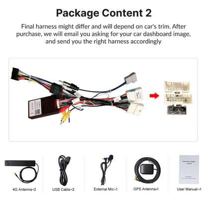 Package contents for Nissan Altima 2013-2017 9” Wireless CarPlay Android Head Unit including harness, cables, GPS antenna, and manual.