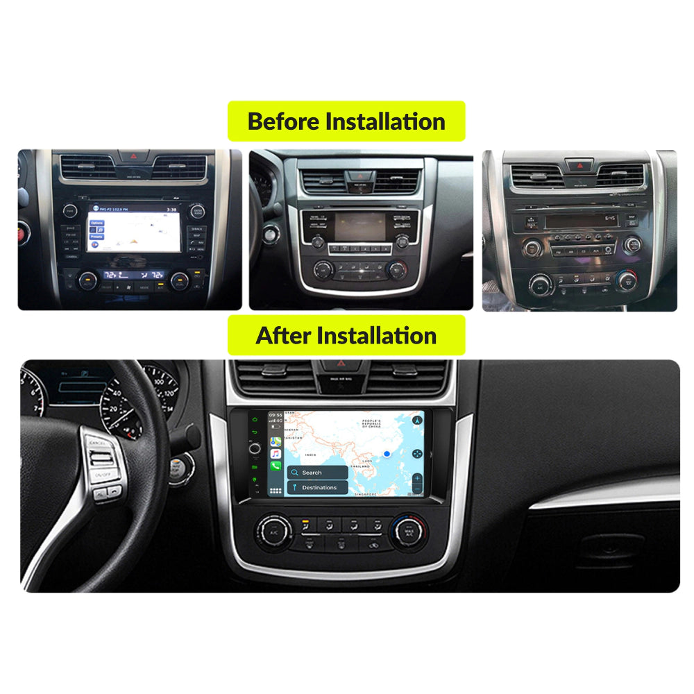 Before and after installation comparison of 9” Wireless CarPlay Android Head Unit in Nissan Altima 2013-2017, showing upgraded dashboard interface.