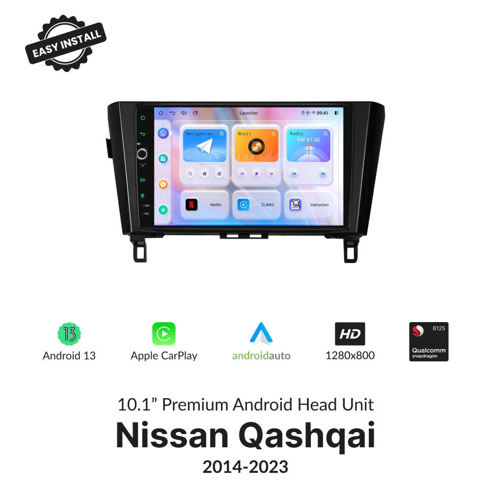 Nissan Qashqai 2014-2023 10.1” Wireless CarPlay Android Head Unit with Android 13, HD display, and Qualcomm processor for seamless in-car entertainment.