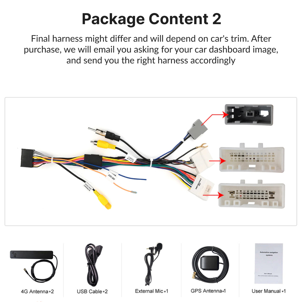 Package contents for Nissan Qashqai 10.1” Android Head Unit include harnesses, antennas, mic, GPS, USB cables, and user manual.