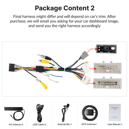 Package contents for Nissan Qashqai 10.1” Android Head Unit include harnesses, antennas, mic, GPS, USB cables, and user manual.