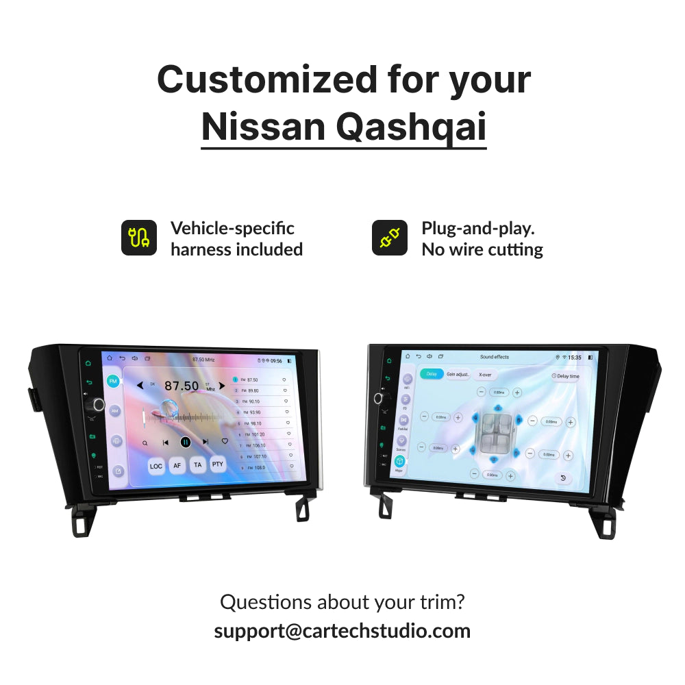 Custom-fit 10.1” Android Head Unit for Nissan Qashqai 2014-2023 with plug-and-play harness and no wire cutting required for easy installation.