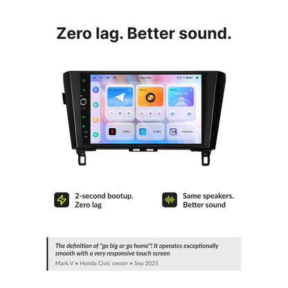 Zero lag and enhanced sound quality on Nissan Qashqai 2014-2023 10.1” Android Head Unit with 2-second bootup and responsive touchscreen.