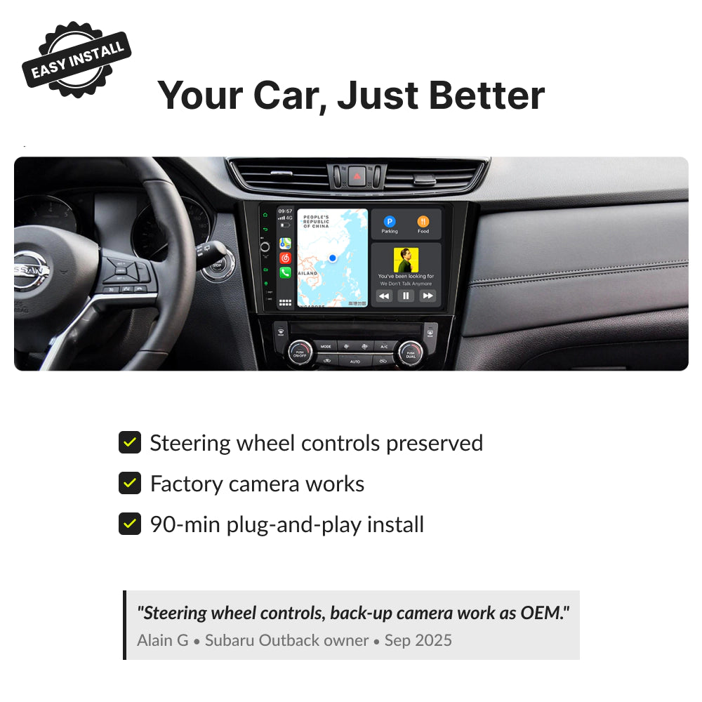 Nissan Qashqai 2014-2023 Android Head Unit retains steering wheel controls, factory camera, and installs in 90 minutes with plug-and-play setup.
