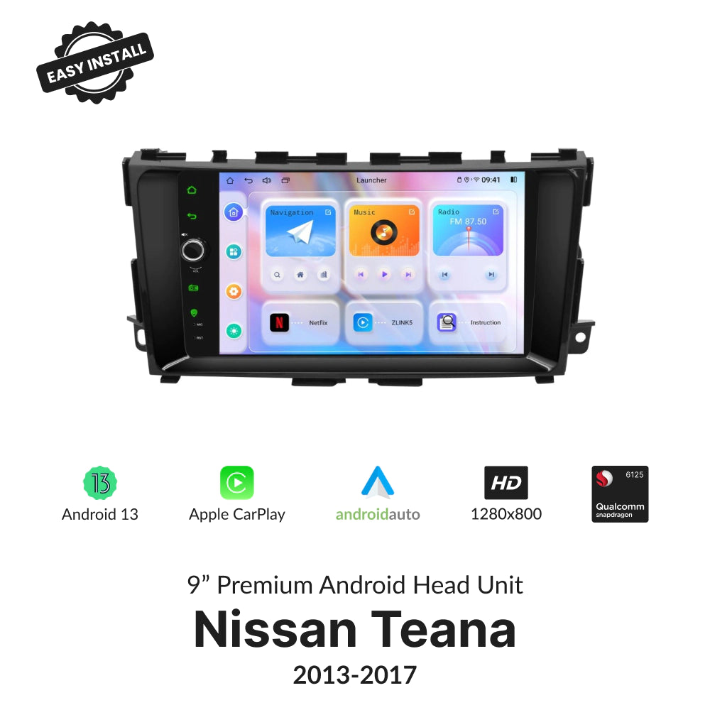 Nissan Teana 2013-2017 9” Wireless CarPlay Android Head Unit with Android 13, HD display, and Qualcomm processor for seamless in-car entertainment.