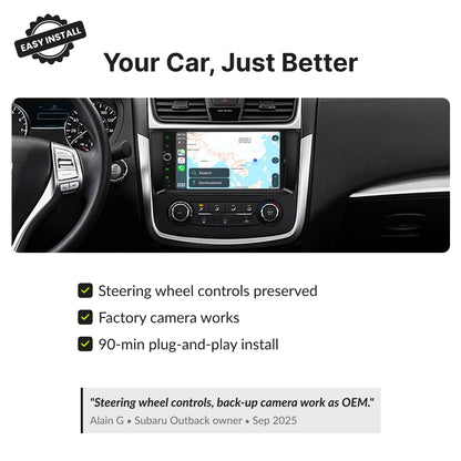 Nissan Teana 2013-2017 9” Android Head Unit retains steering wheel controls and factory camera with 90-minute plug-and-play installation.