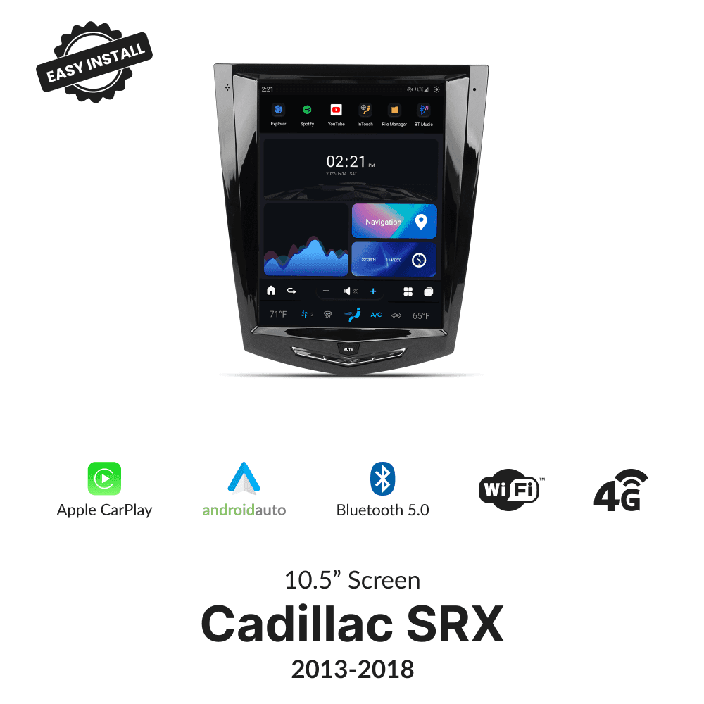 Tesla-Style CarPlay screen for Cadillac SRX 2013-2018 with 10.5” display, wireless Apple CarPlay, Android Auto, Bluetooth 5.0, WiFi, and 4G support.
