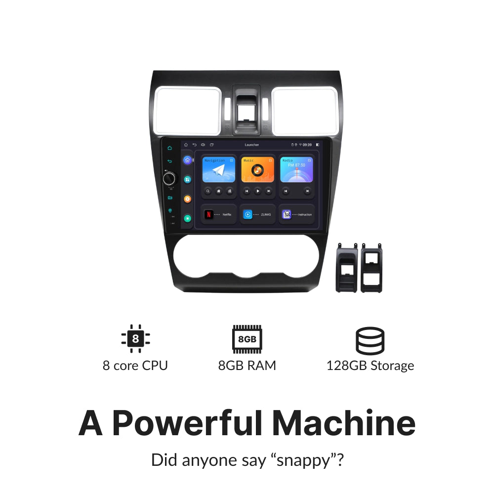 High-performance 9” Android Head Unit for Subaru Impreza 2012-2016 with 8-core CPU, 8GB RAM, and 128GB storage for fast operation.