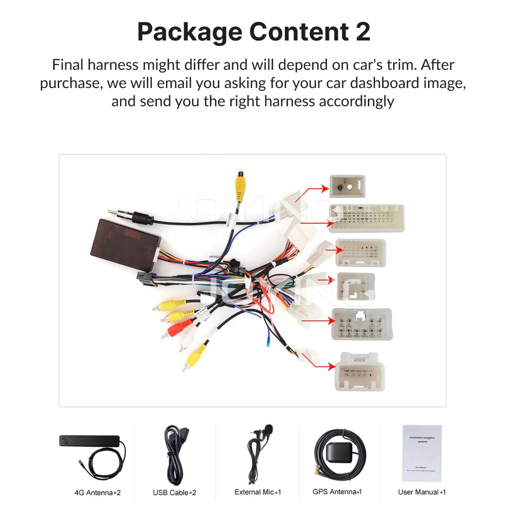 Package contents for Subaru Impreza 2012-2016 Android Head Unit include harness, GPS antenna, USB cable, and user manual.