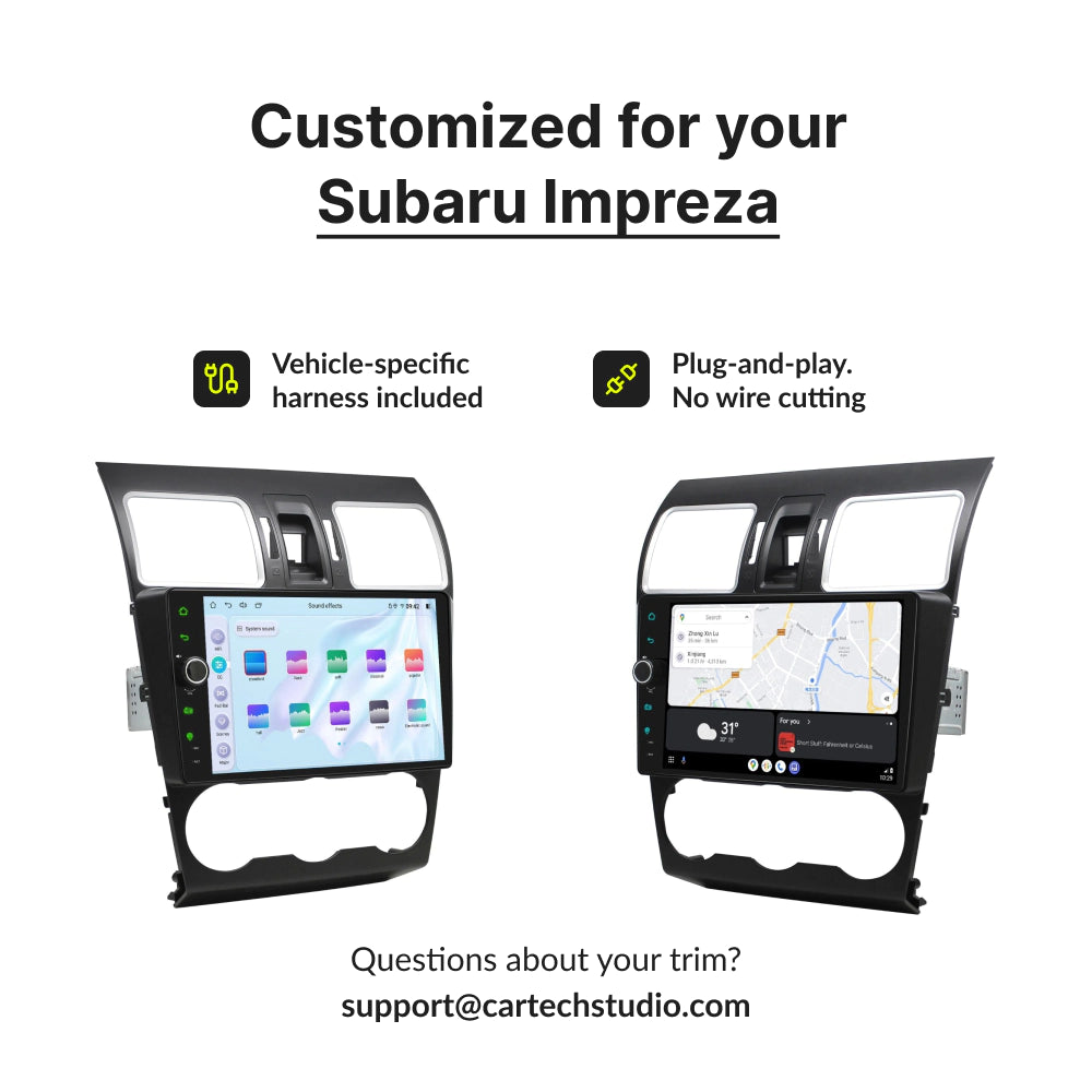 Customized 9” Wireless CarPlay Android Head Unit for Subaru Impreza 2012-2016 with plug-and-play harness, no wire cutting required.