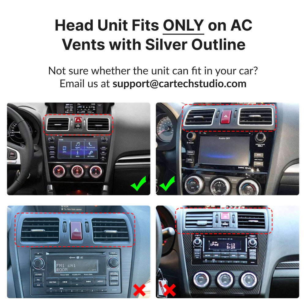 Compatibility guide for Subaru Impreza 2012-2016 Android Head Unit; fits only AC vents with silver outline, not compatible with older trims.
