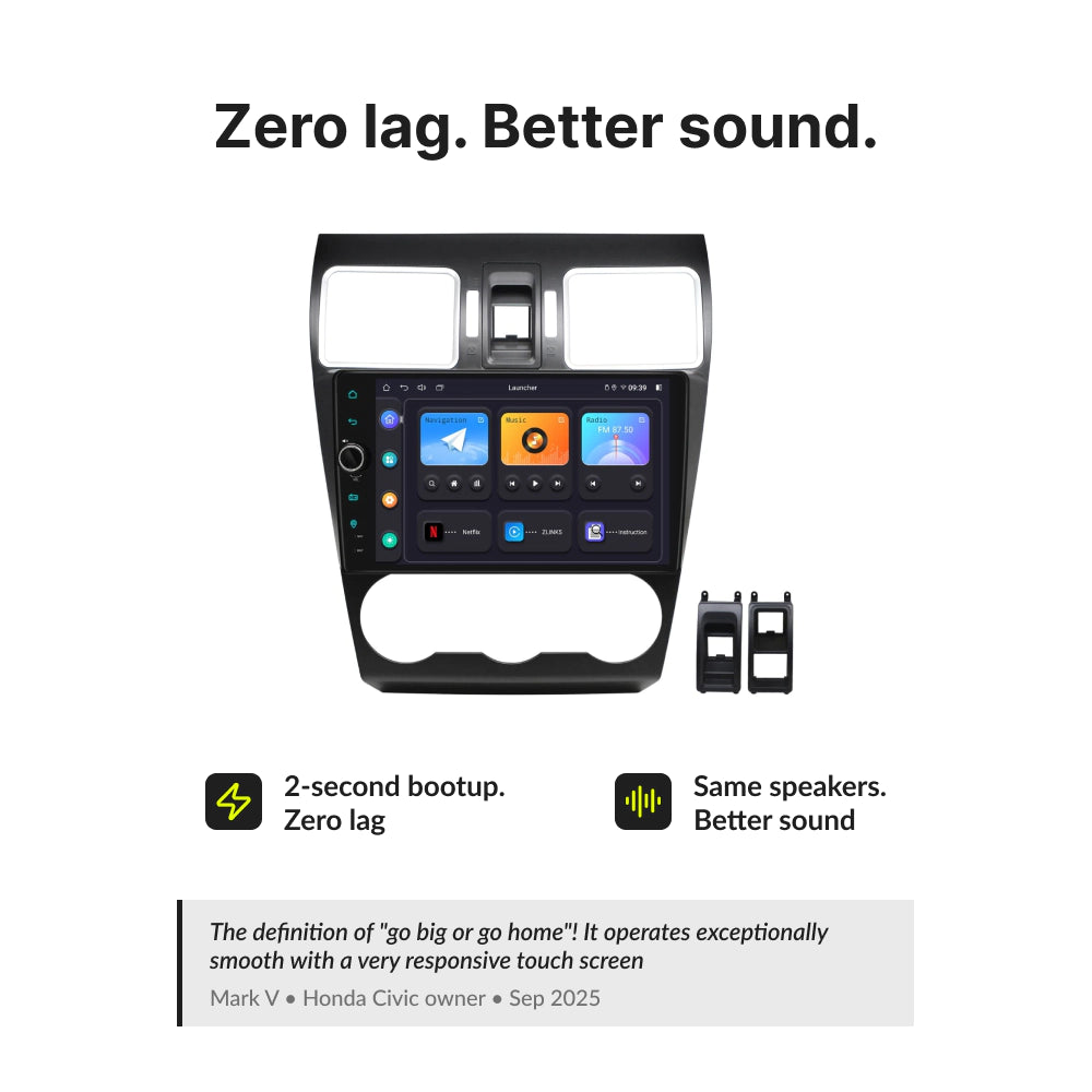 Zero lag and better sound quality with 9” Wireless CarPlay Android Head Unit for Subaru Impreza 2012-2016, 2-second bootup time.