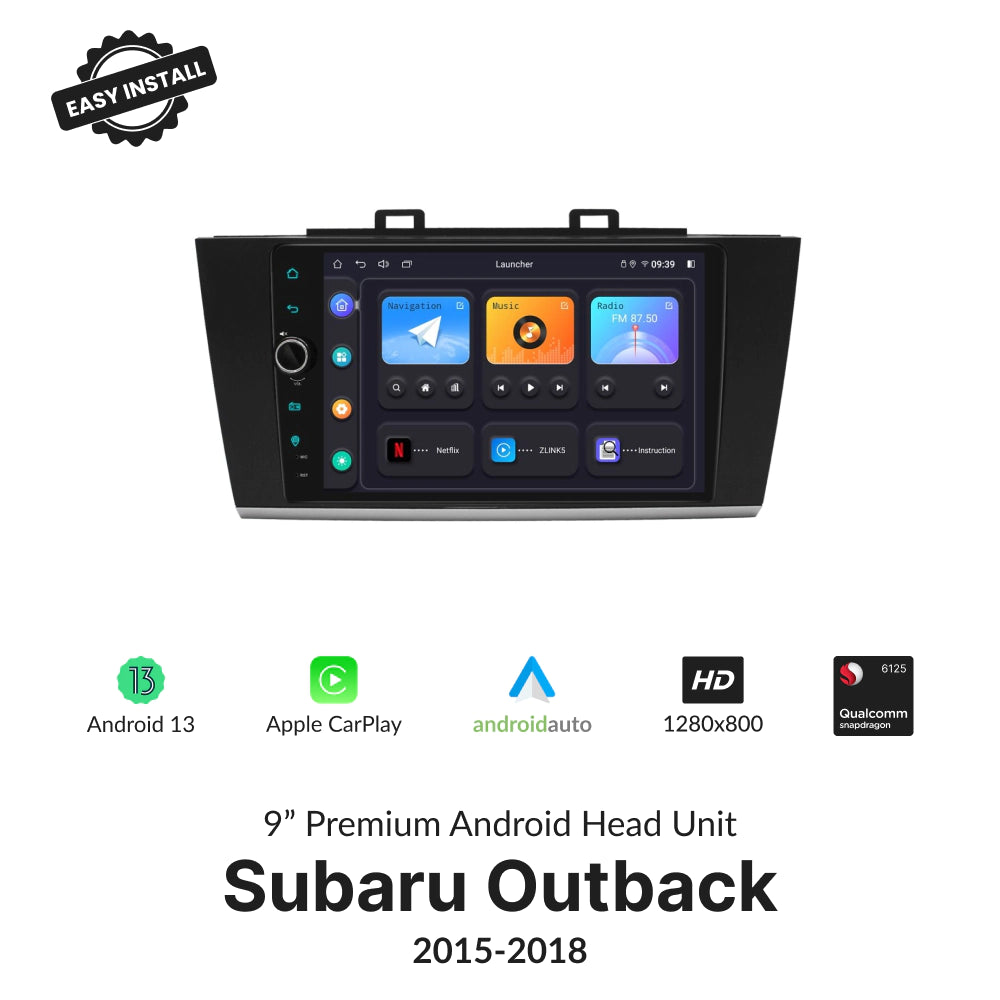 Subaru Outback 2015-2018 9” Wireless CarPlay Android Head Unit with Android 13, HD display, and Qualcomm processor for seamless in-car entertainment.
