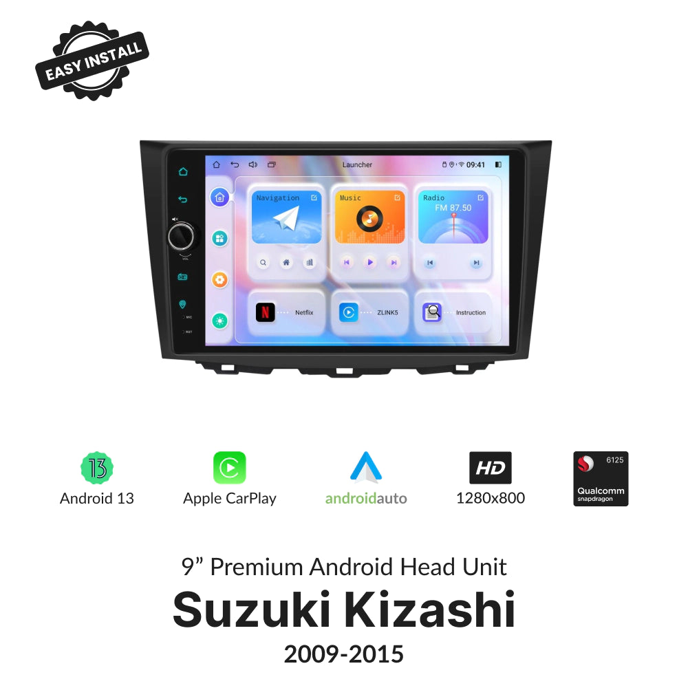 9” Premium Android Head Unit for Suzuki Kizashi 2009-2015 with wireless CarPlay, Android Auto, HD display, and Android 13 OS.