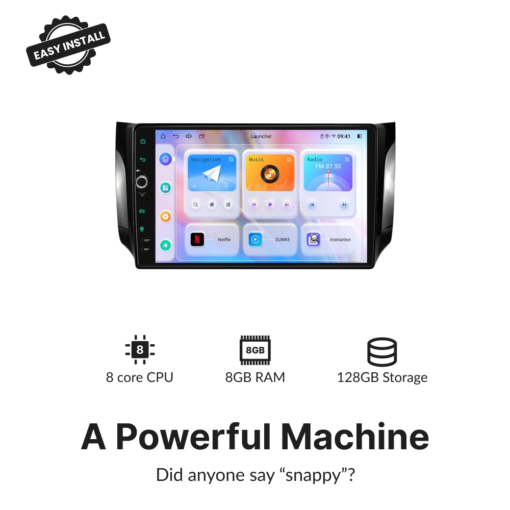 High-performance 10.1” Android Head Unit for Nissan Sentra/Sylphy 2013-2019 with 8-core CPU, 8GB RAM, and 128GB storage for fast multitasking.