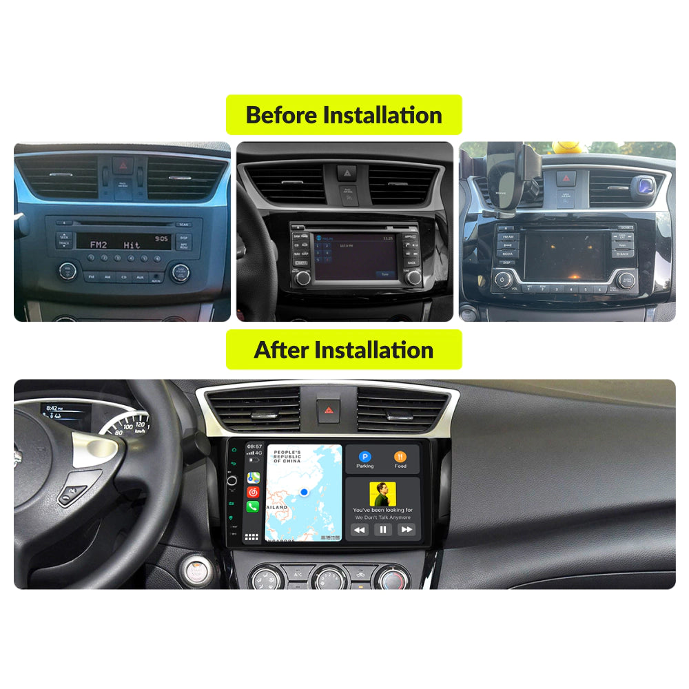 Before and after installation comparison of 10.1” CarPlay Android Head Unit in Nissan Sentra/Sylphy 2013-2019, showcasing modern dashboard upgrade.