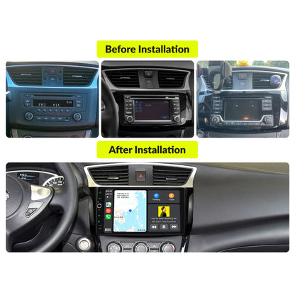 Before and after installation comparison of 10.1” CarPlay Android Head Unit in Nissan Sentra/Sylphy 2013-2019, showcasing modern dashboard upgrade.
