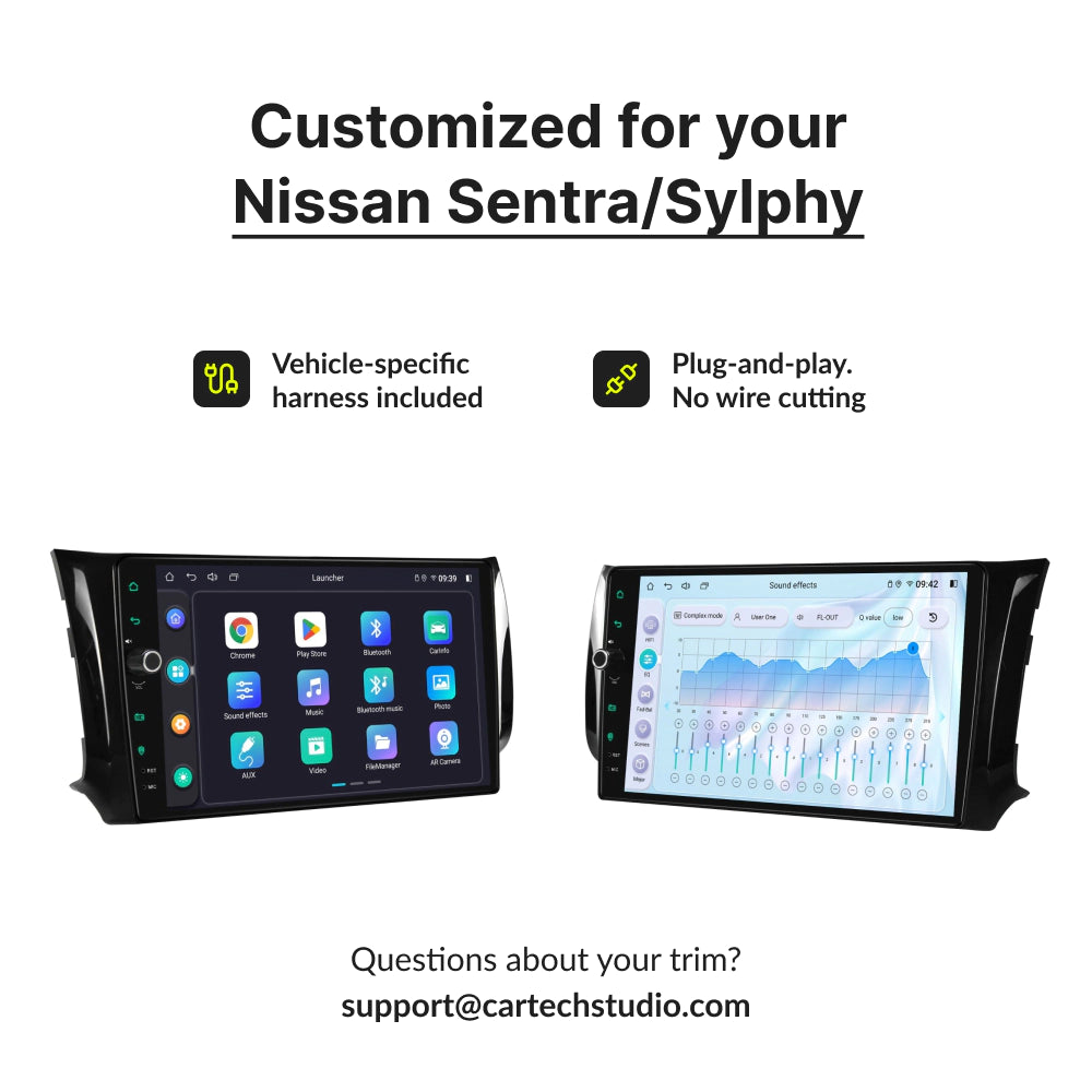 Customized 10.1” Android Head Unit for Nissan Sentra/Sylphy 2013-2019 with plug-and-play harness and no wire cutting required for easy installation.