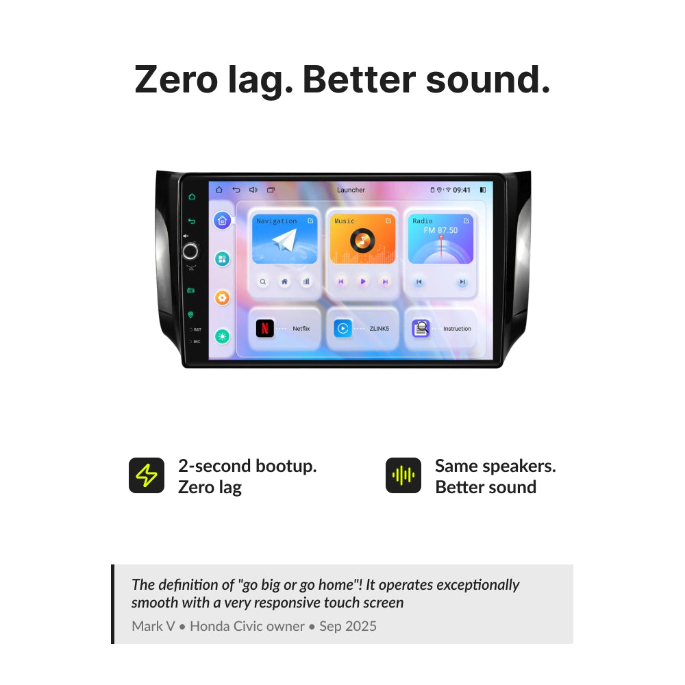 Zero lag and enhanced sound quality on 10.1” CarPlay Android Head Unit for Nissan Sentra/Sylphy 2013-2019 with 2-second boot time and smooth UI.