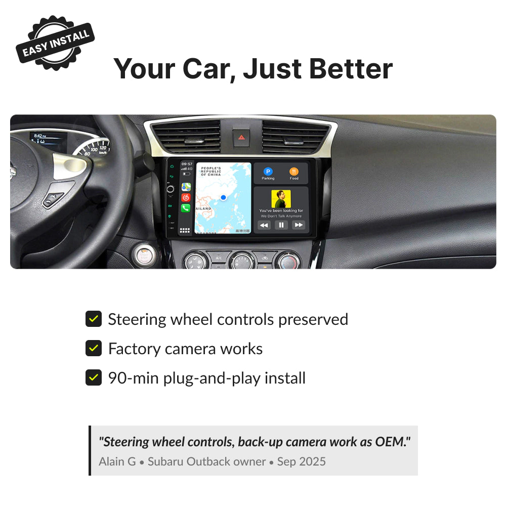 10.1” Android Head Unit for Nissan Sentra/Sylphy 2013-2019 preserves steering wheel controls and factory camera with 90-minute plug-and-play install.