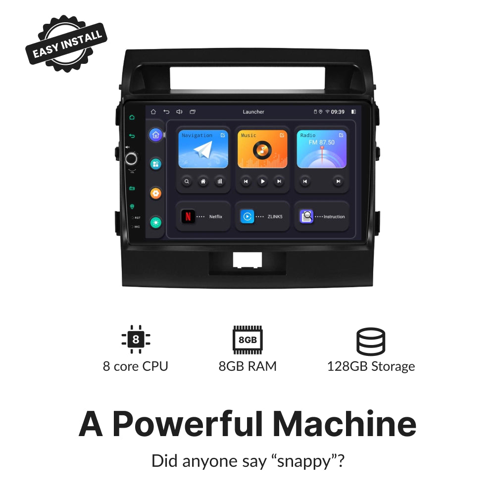 High-performance 10.1” Android Head Unit for Toyota Land Cruiser LC200 with 8-core CPU, 8GB RAM, and 128GB storage.