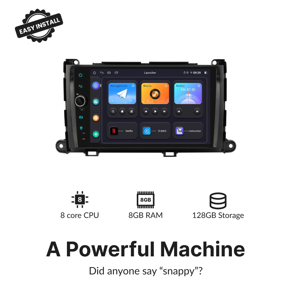 High-performance 9” Wireless CarPlay Android Head Unit for Toyota Sienna 2011-2014 with 8-core CPU, 8GB RAM, and 128GB storage.