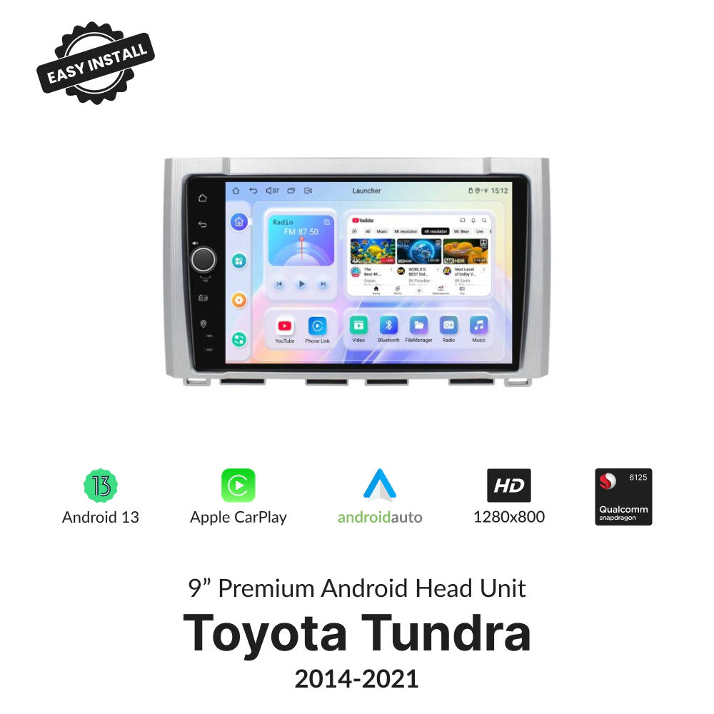 Toyota Tundra 2014-2021 9” Wireless CarPlay Android Head Unit with Android 13, Apple CarPlay, Android Auto, and 1280x800 display resolution.