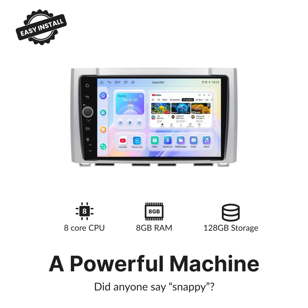 High-performance 9” Android Head Unit for Toyota Tundra 2014-2021 with 8-core CPU, 8GB RAM, and 128GB storage.
