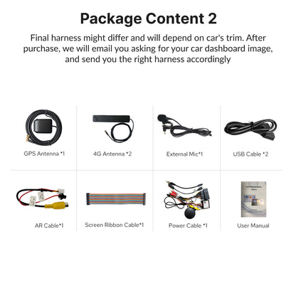 Package contents for Toyota Tundra 2014-2021 9” Android Head Unit including harnesses, antennas, cables, and user manual.