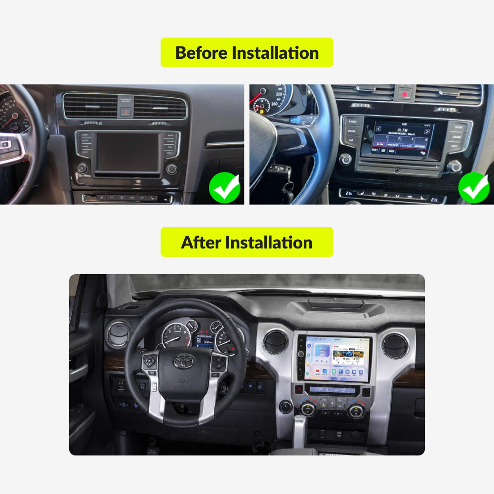 Before and after installation comparison of 9” Wireless CarPlay Android Head Unit in Toyota Tundra 2014-2021 dashboard.