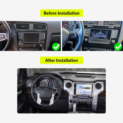 Before and after installation comparison of 9” Wireless CarPlay Android Head Unit in Toyota Tundra 2014-2021 dashboard.