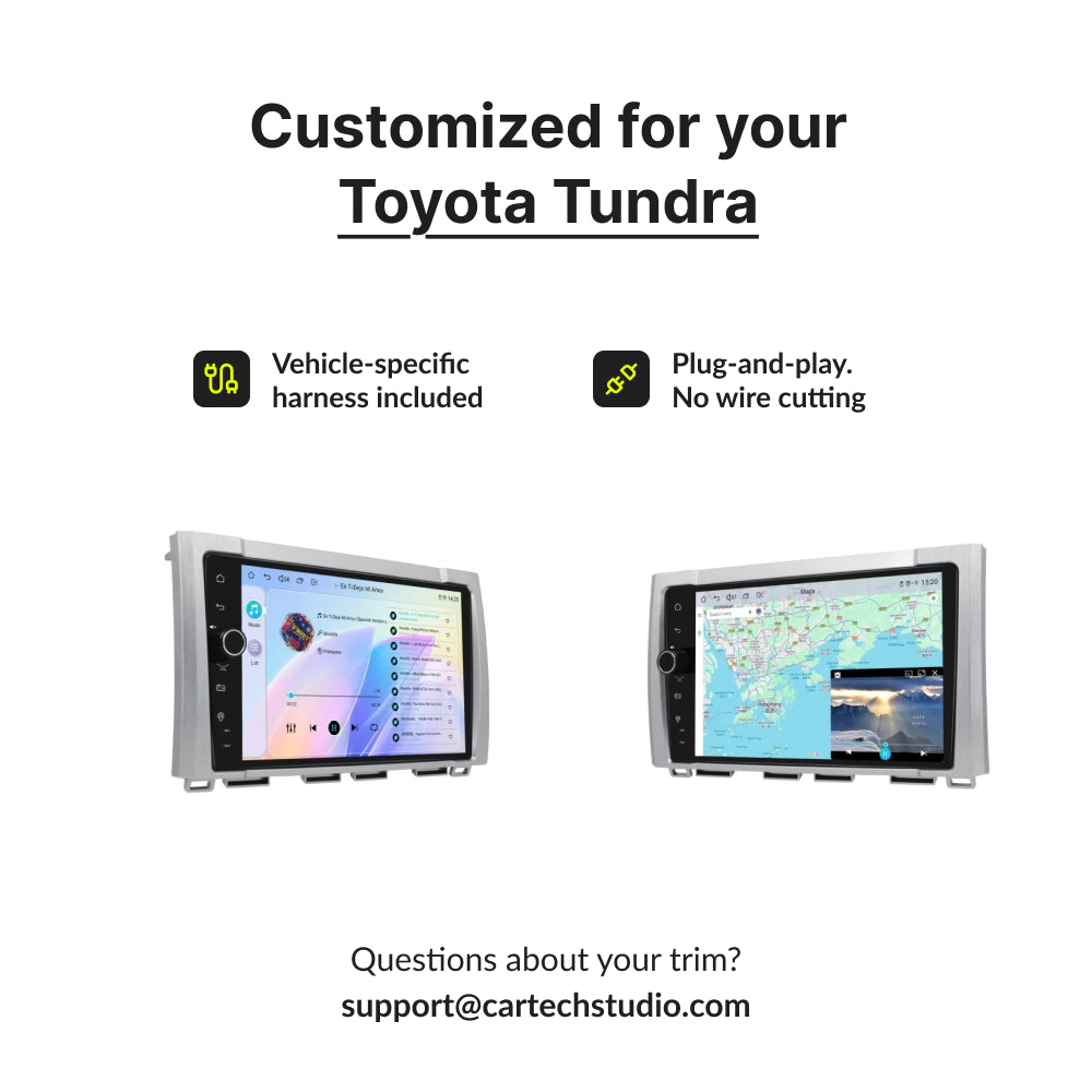 Customized 9” Android Head Unit for Toyota Tundra 2014-2021 with plug-and-play harness and no wire cutting required.