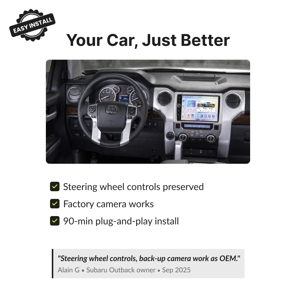 Toyota Tundra 2014-2021 9” Android Head Unit retains steering wheel controls and factory camera with 90-minute install.