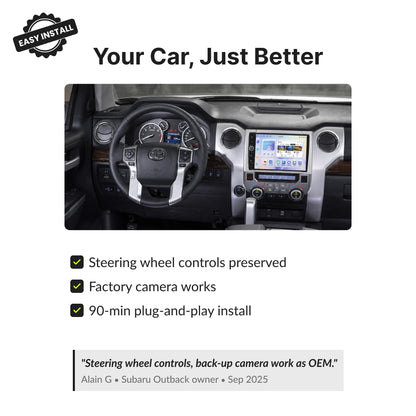 Toyota Tundra 2014-2021 9” Android Head Unit retains steering wheel controls and factory camera with 90-minute install.