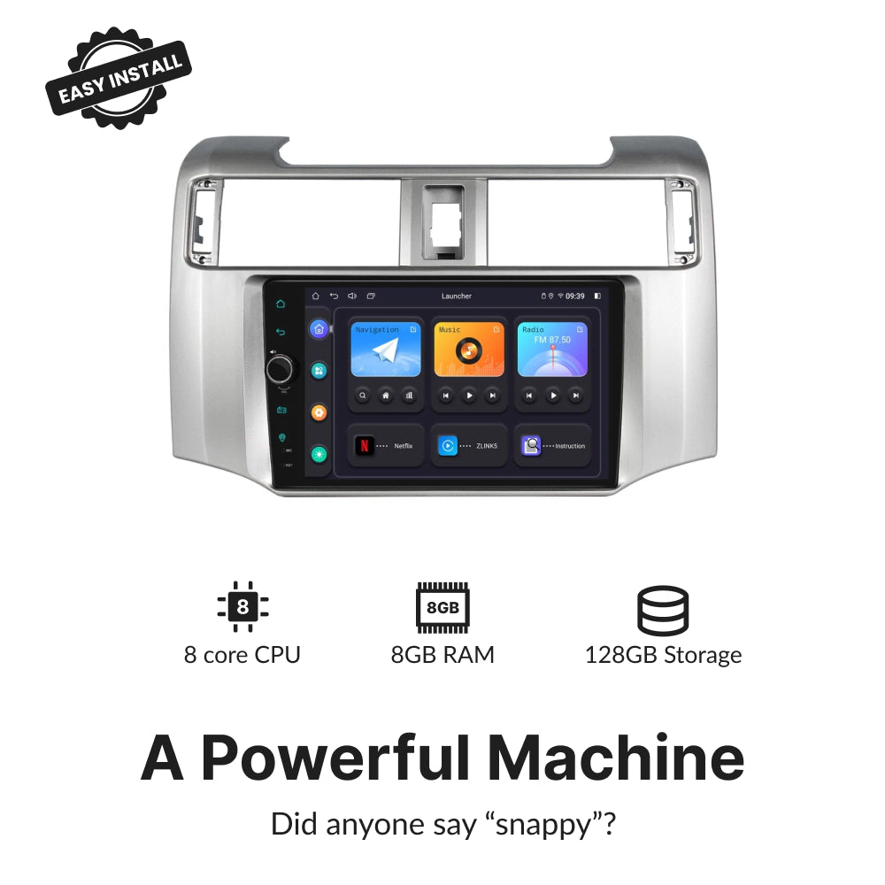 High-performance 9-inch Android head unit for Toyota 4Runner 2009-2023 with 8-core CPU, 8GB RAM, and 128GB storage for smooth operation.