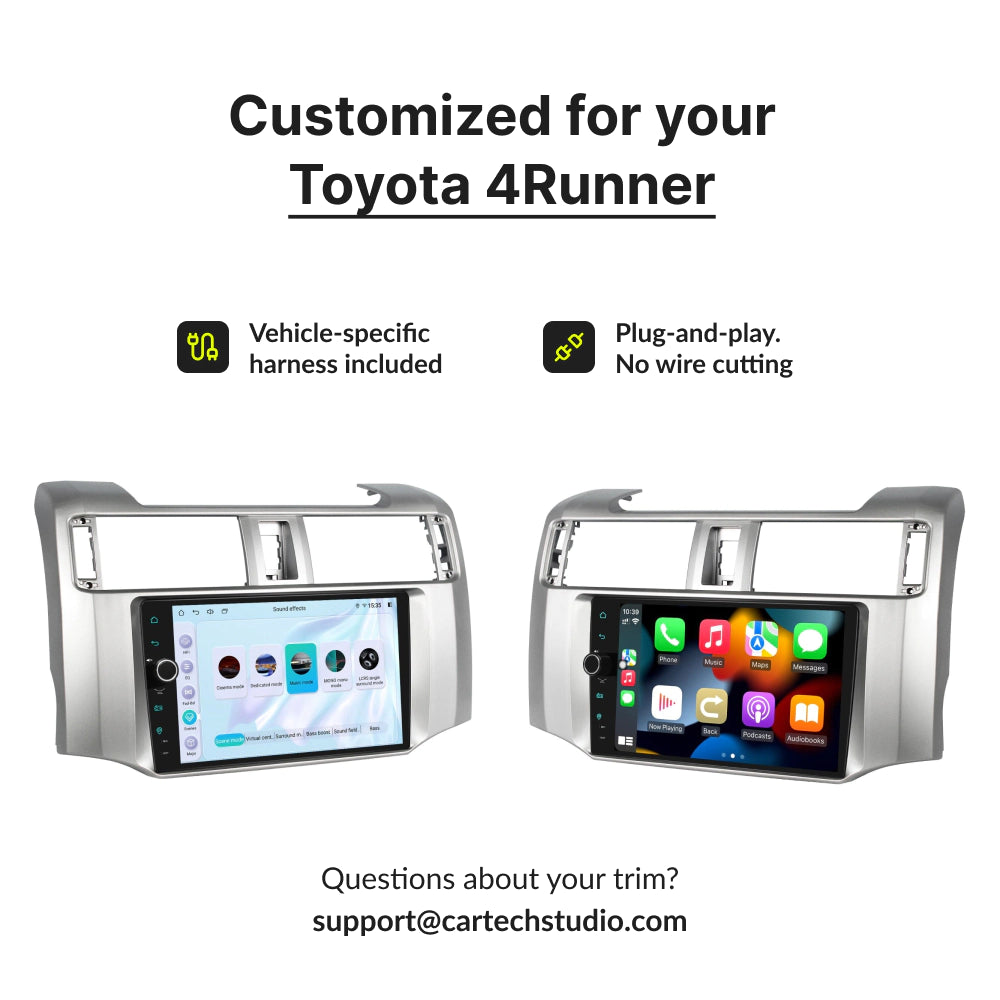 Custom-fit 9-inch Android head unit for Toyota 4Runner 2009-2023 with plug-and-play wiring harness and wireless CarPlay interface.