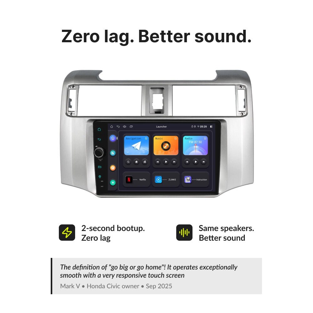 Zero lag and better sound performance on 9-inch Android head unit for Toyota 4Runner 2009-2023 with 2-second boot-up and OEM speaker support.